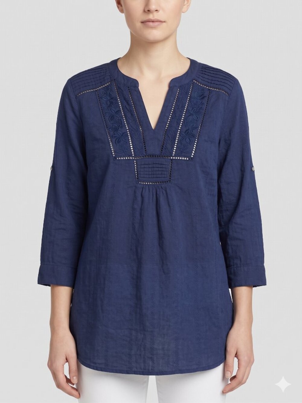 Bila Navy Blue Embroidered Tunic Top Blouse Size M Cotton 3/4 Roll Tab Sleeve